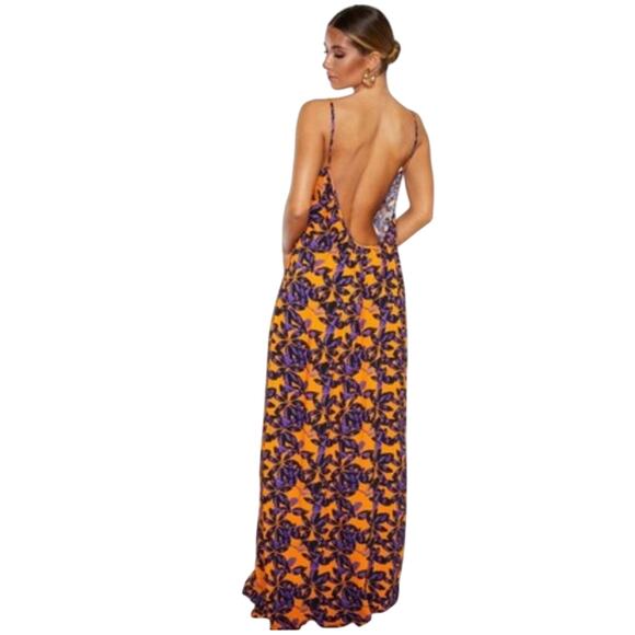 PrettyLittleThing Orange Shadow Leaf Maxi Dress Size 4 Oversized Low Back Beach - Picture 10 of 10